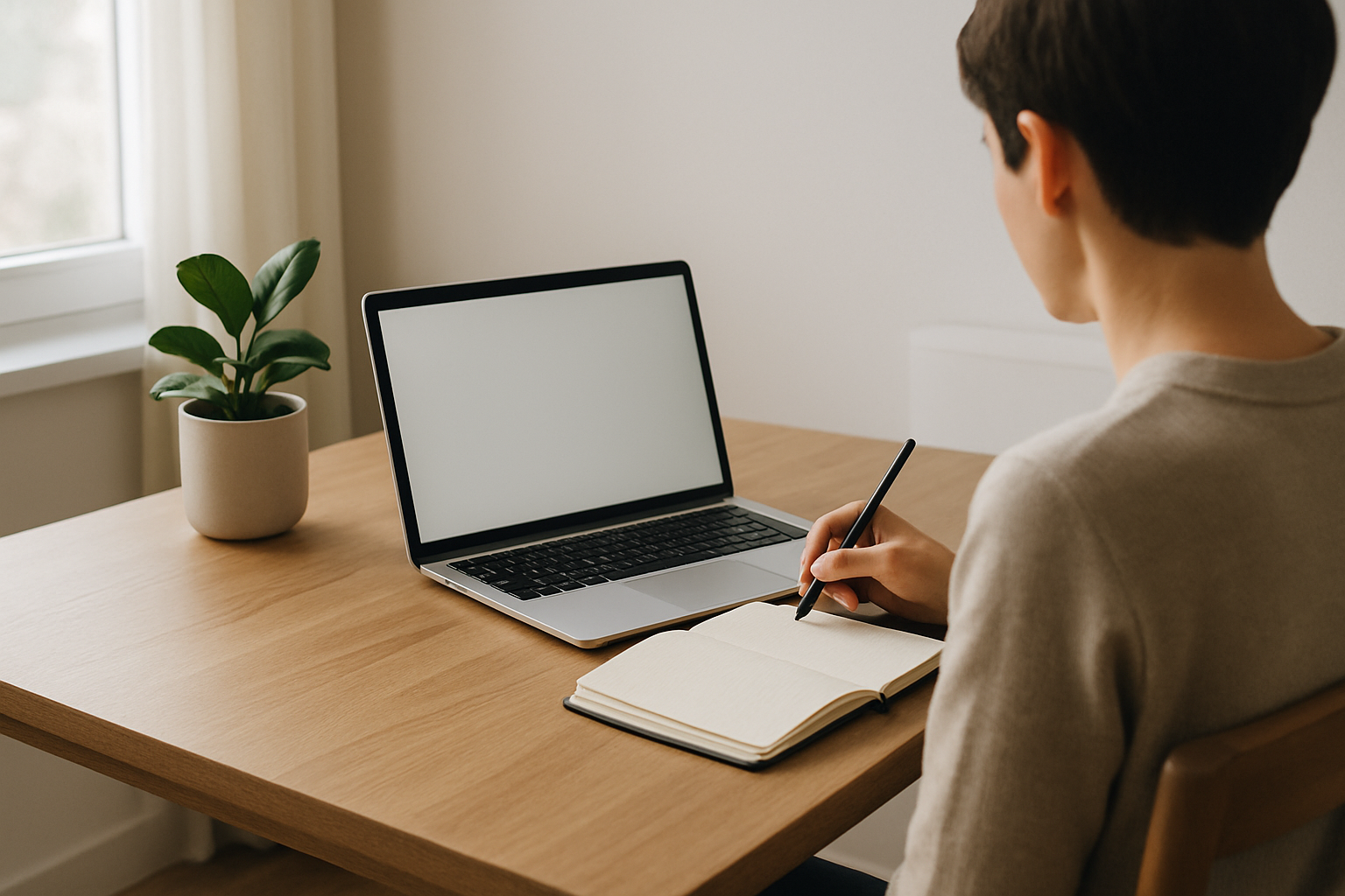 Scrivania ordinata per lavorare con meno distrazioni, con computer e taccuino