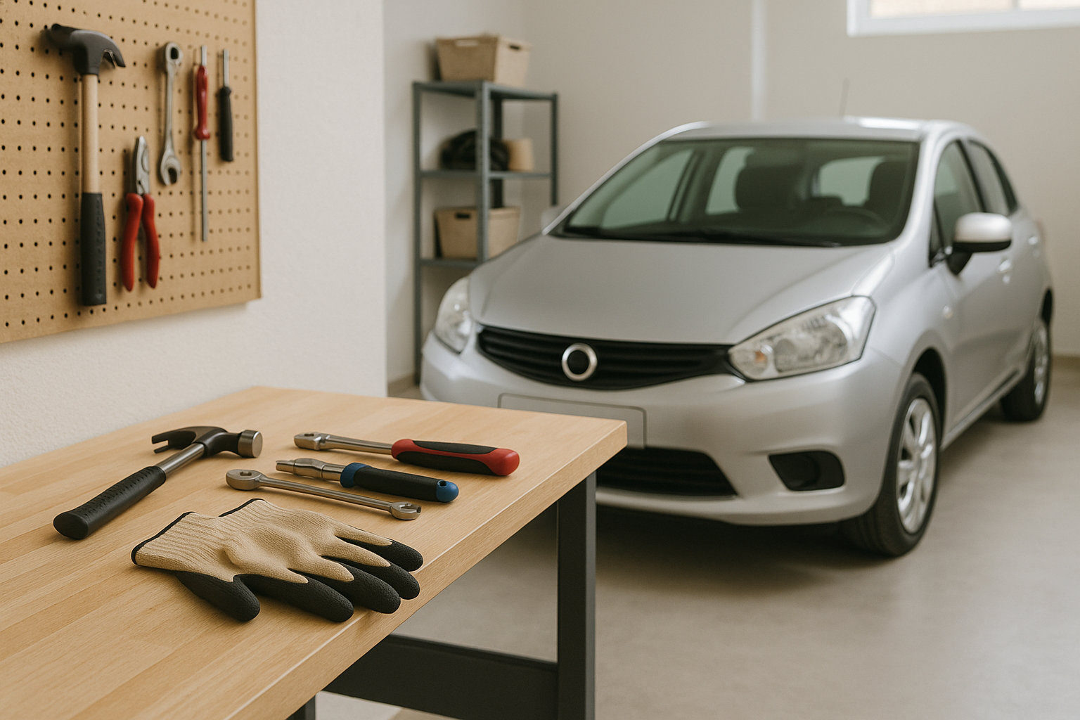 Auto in un garage con attrezzi base pronti per semplici controlli di manutenzione