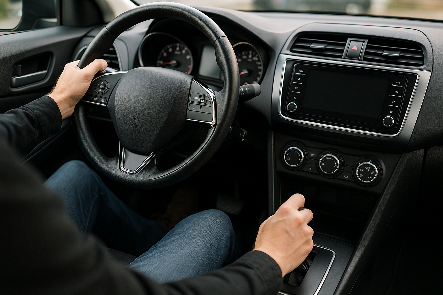 Guidatore in auto con attenzione al pedale del freno e al cruscotto per riconoscere segnali di problemi ai freni
