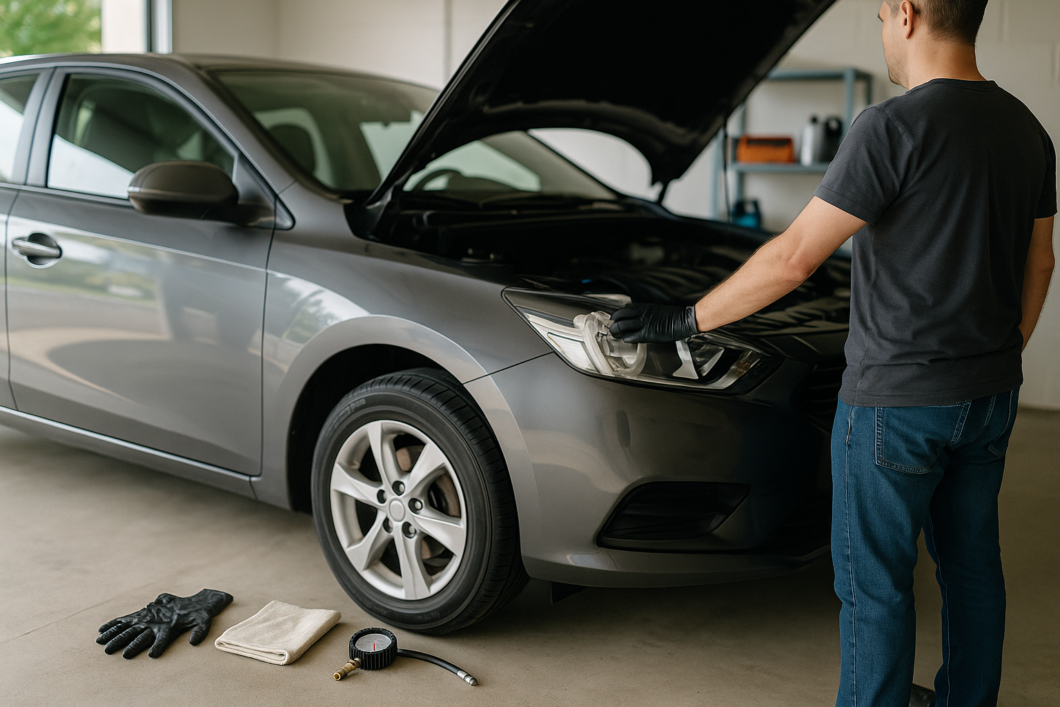 Auto in garage con strumenti base per controlli di manutenzione periodica