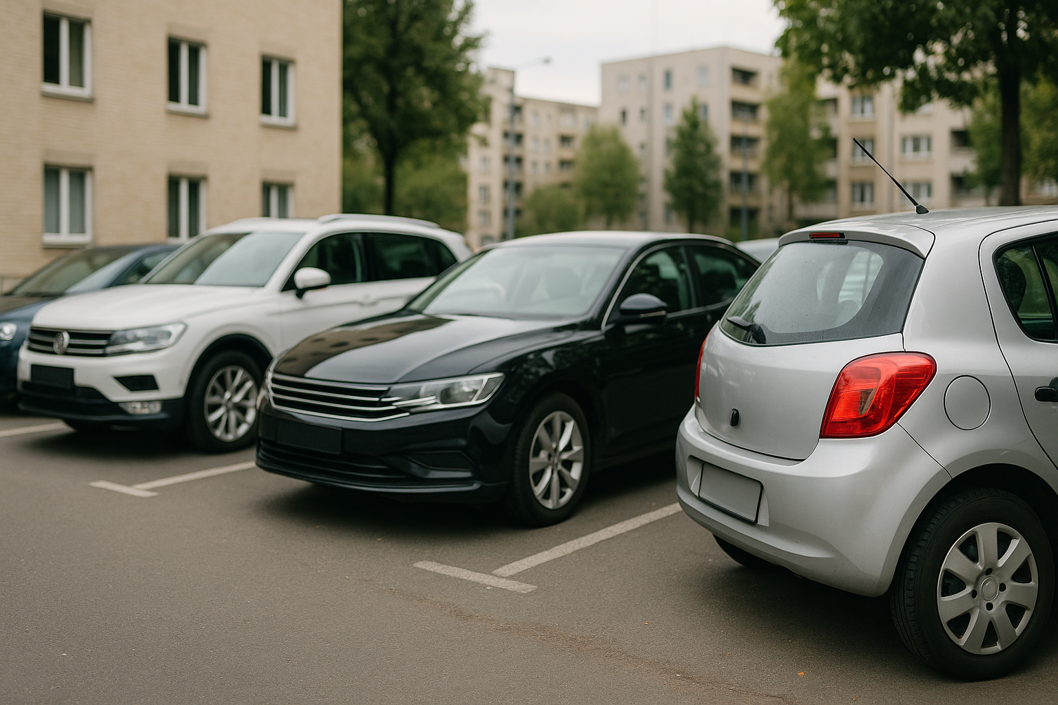 Auto parcheggiate in città che rappresentano diversi segmenti del mercato dell’usato