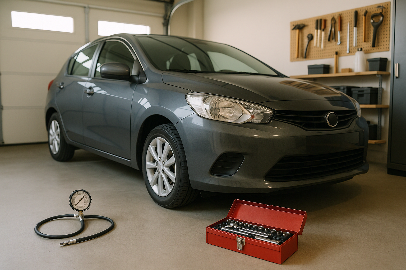 Auto in garage con manometro per controllare la pressione degli pneumatici e attrezzi per la manutenzione