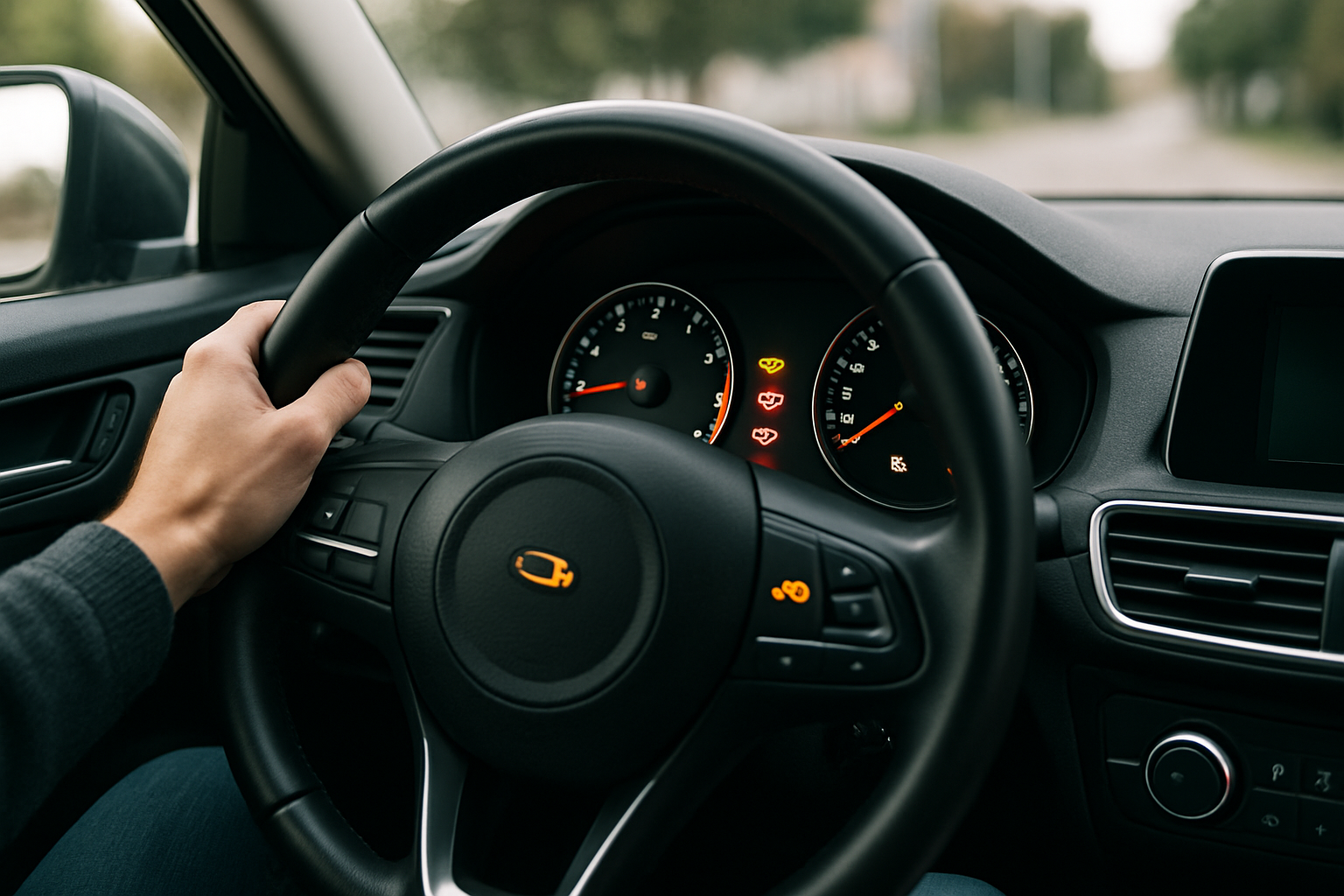Cruscotto di un’auto con alcune spie di avviso accese mentre il guidatore è fermo in sicurezza