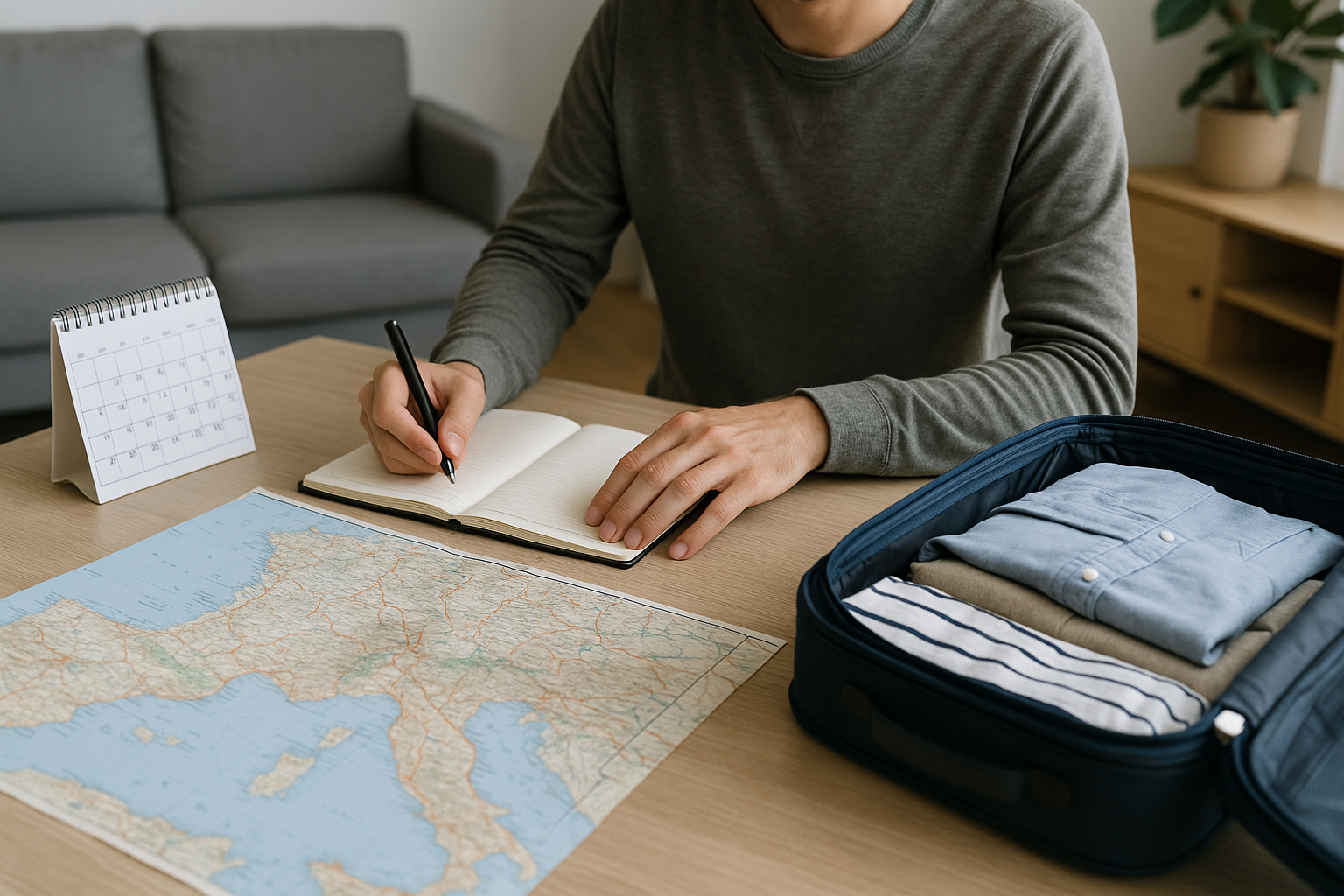 Organizzazione pratica di un viaggio con mappa, lista e valigia aperta