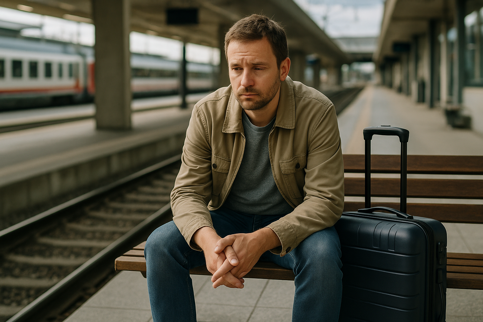 Persona in stazione con valigia che si prende una pausa per ridurre lo stress del viaggio