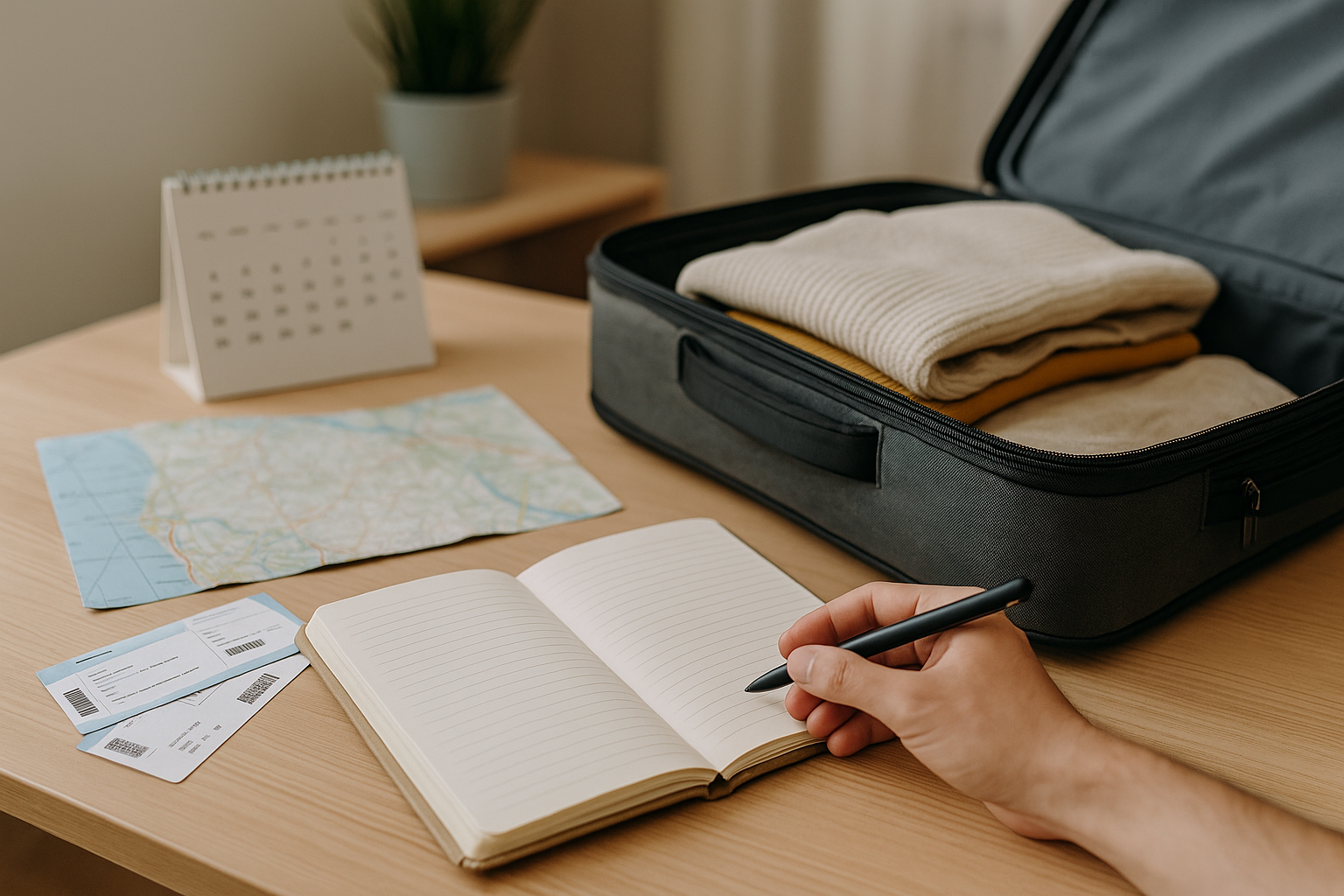 Taccuino e mappa con valigia semiaperta usati per organizzare un viaggio in modo pratico