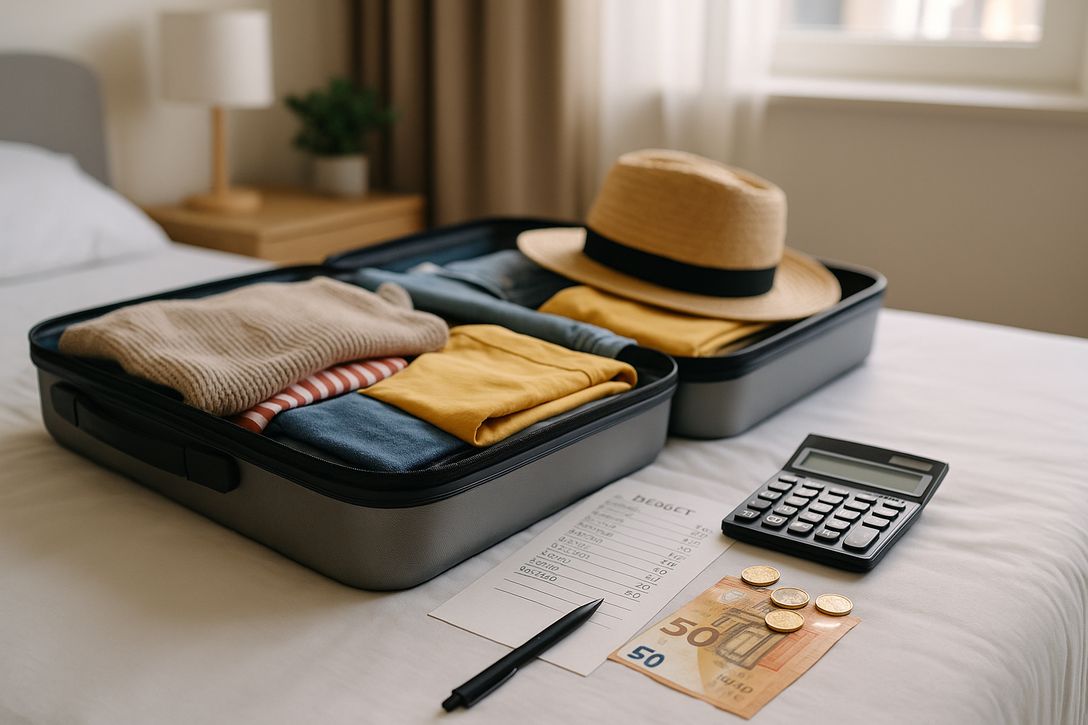 Valigia aperta con lista spese e calcolatrice per pianificare il budget delle vacanze