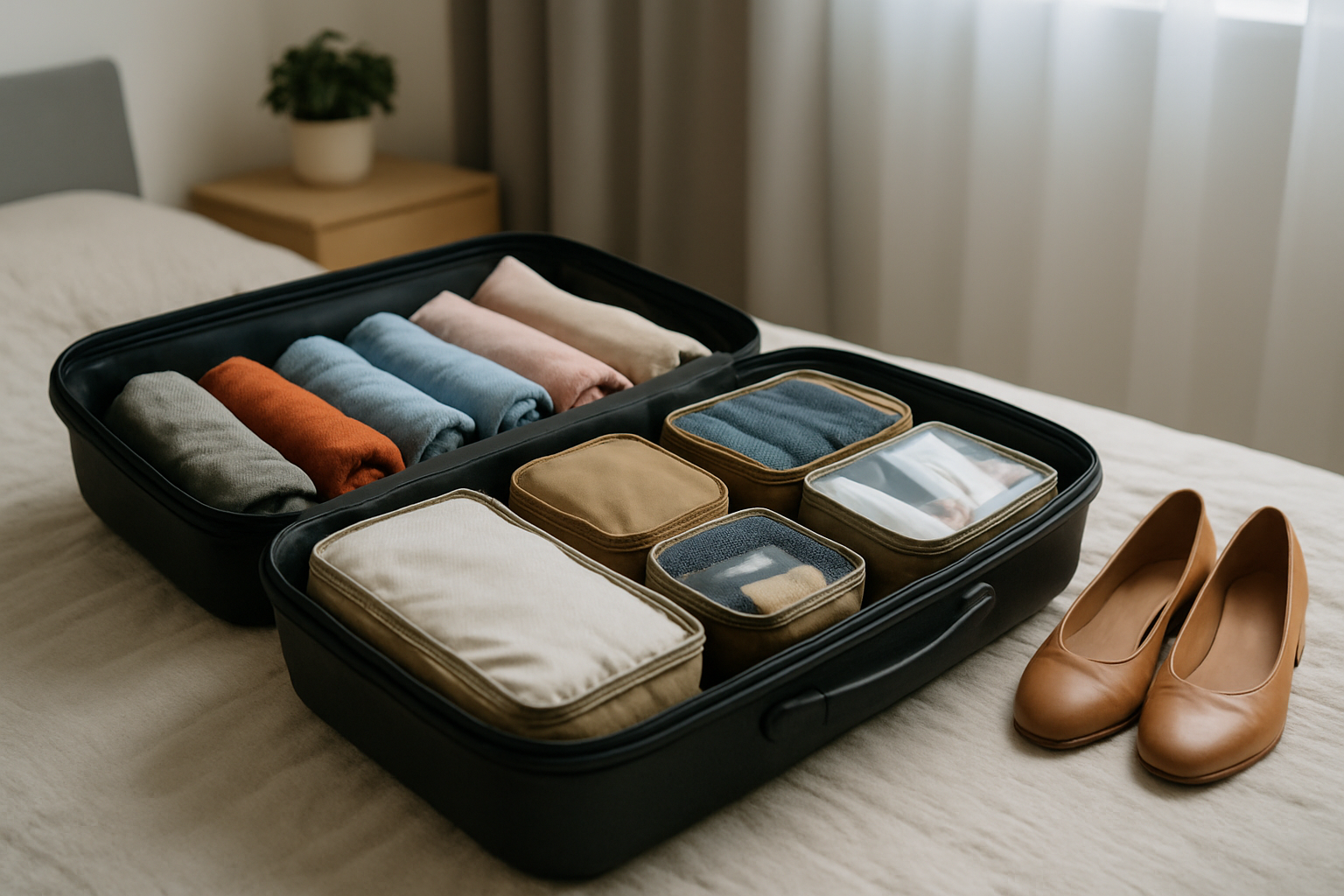 Valigia aperta con vestiti arrotolati e kit organizzati in modo ordinato