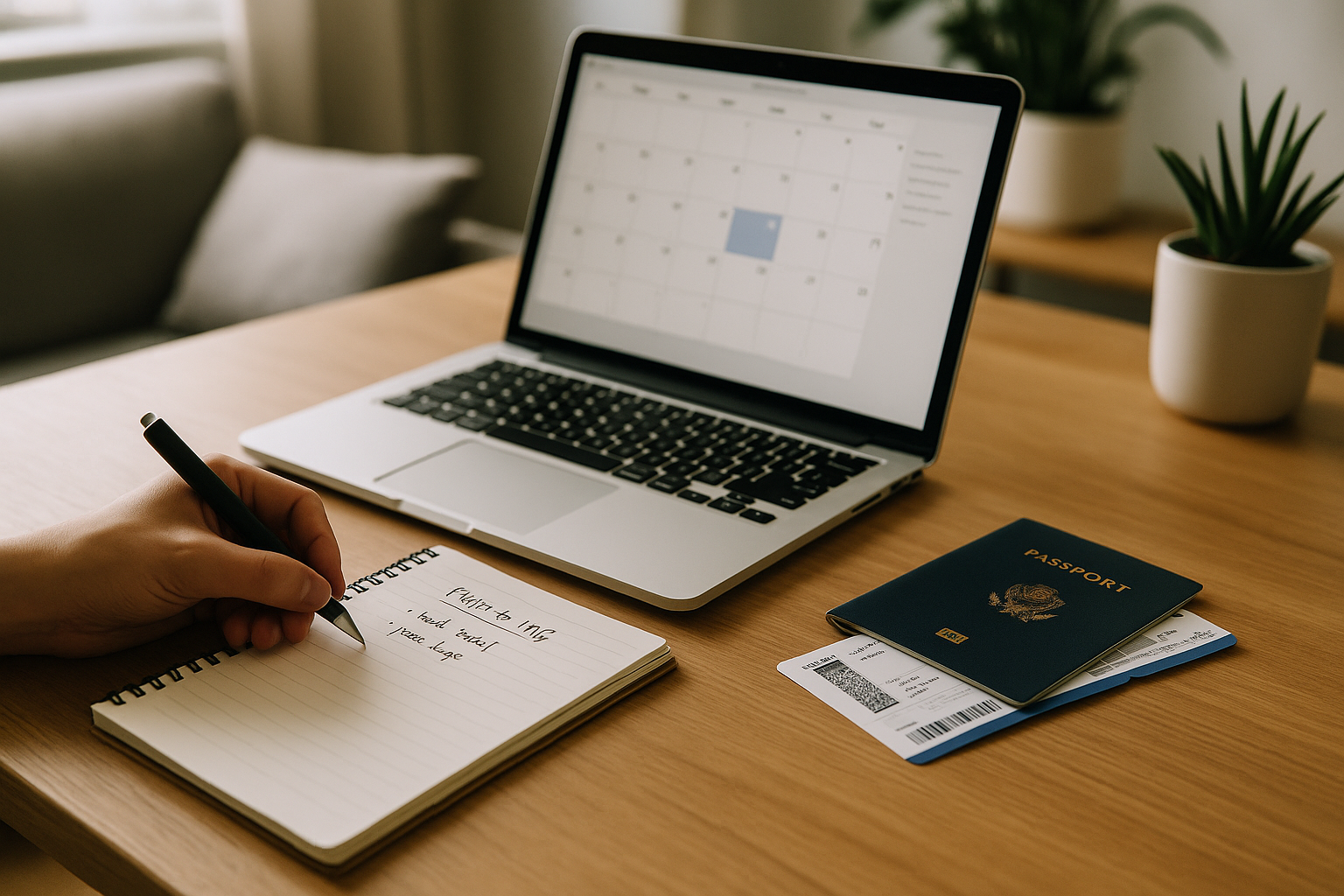 Scrivania con laptop, calendario e documenti di viaggio pronti per una prenotazione accurata