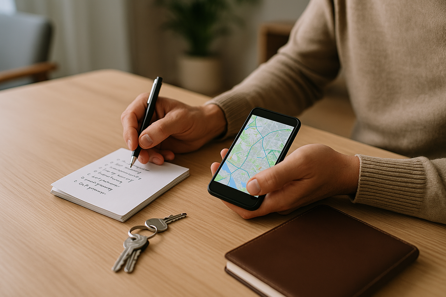 Persona che pianifica commissioni locali con lista e mappa sullo smartphone