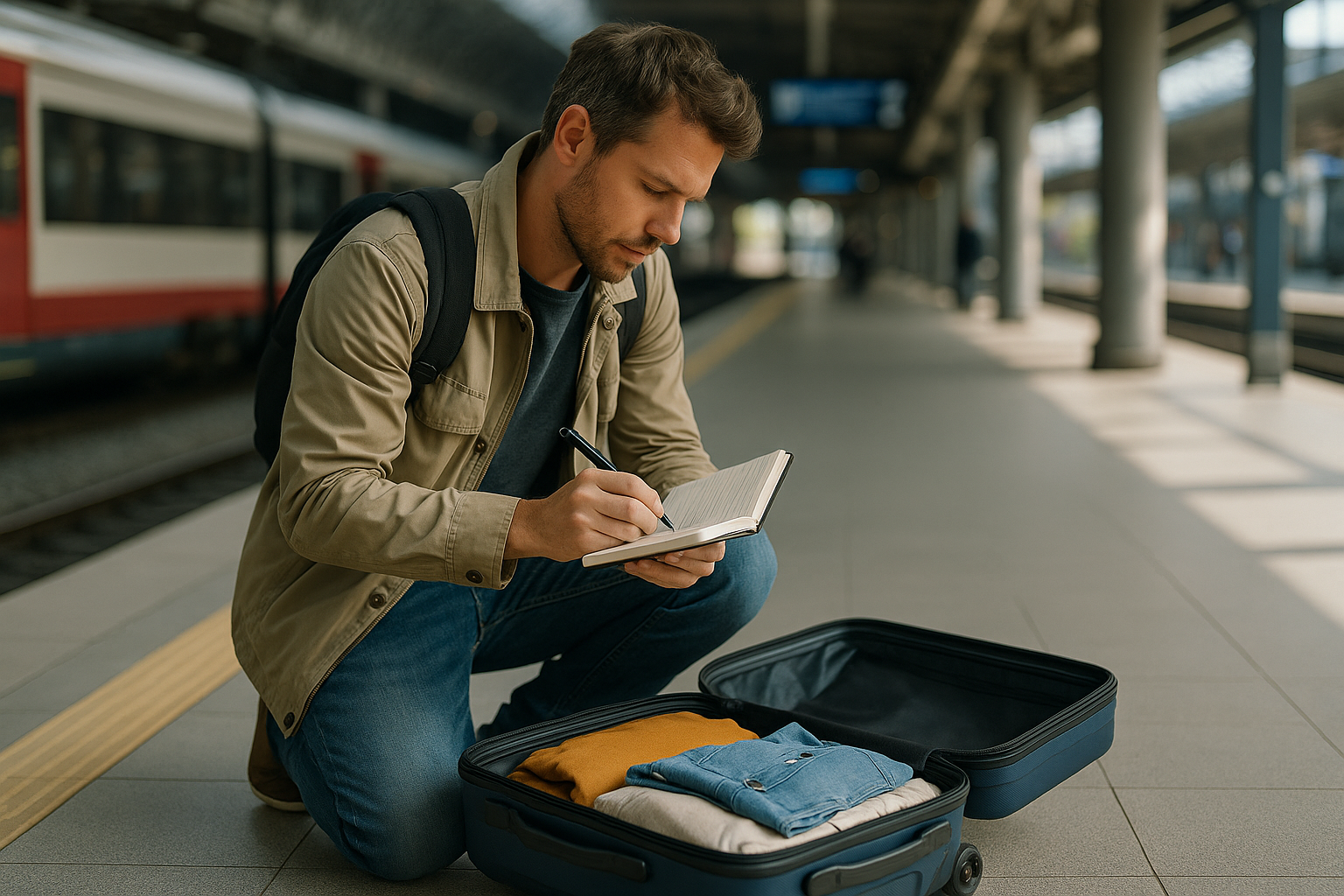 Persona in viaggio che organizza una soluzione pratica a un imprevisto con valigia e appunti