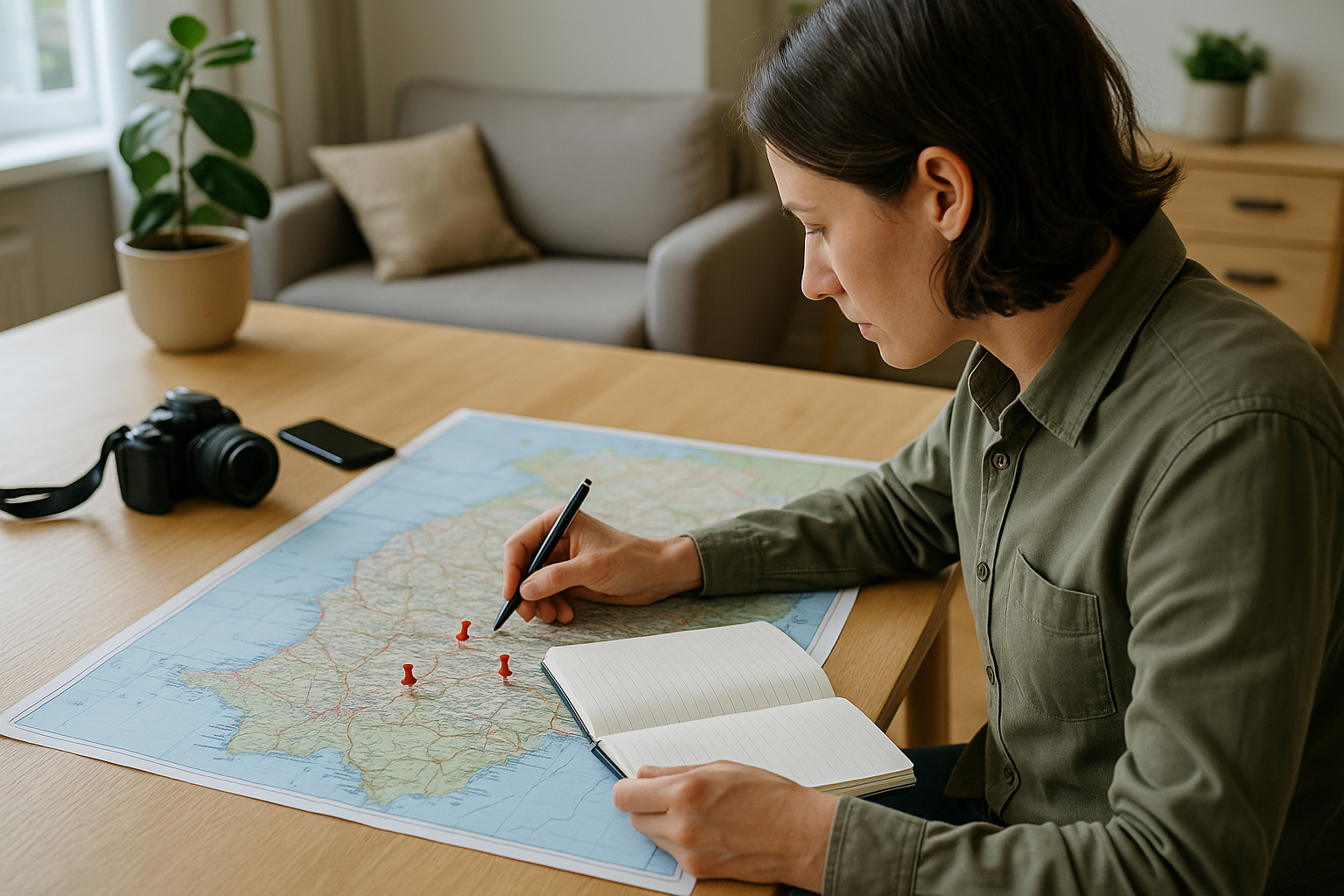 Persona che pianifica un itinerario di viaggio in modo realistico su una mappa con taccuino