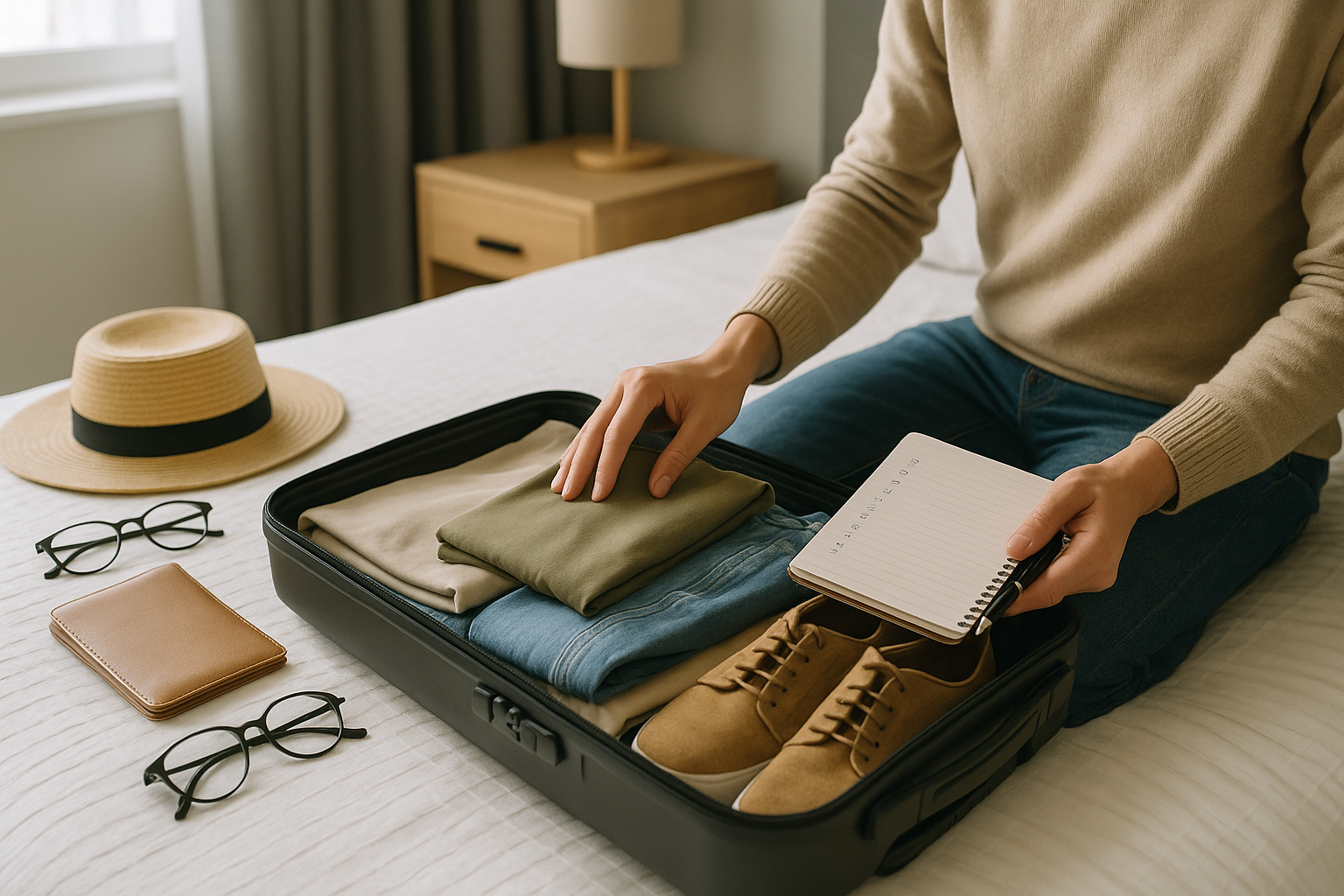 Preparazione di una piccola valigia con oggetti essenziali e checklist per un viaggio breve
