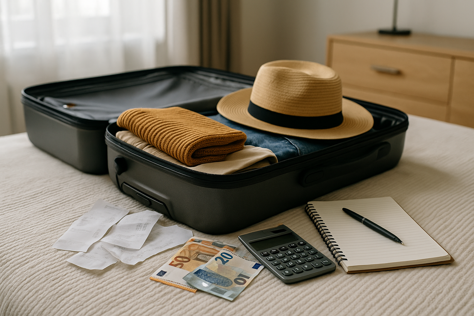 Valigia aperta con ricevute, calcolatrice e taccuino per gestire il budget di viaggio