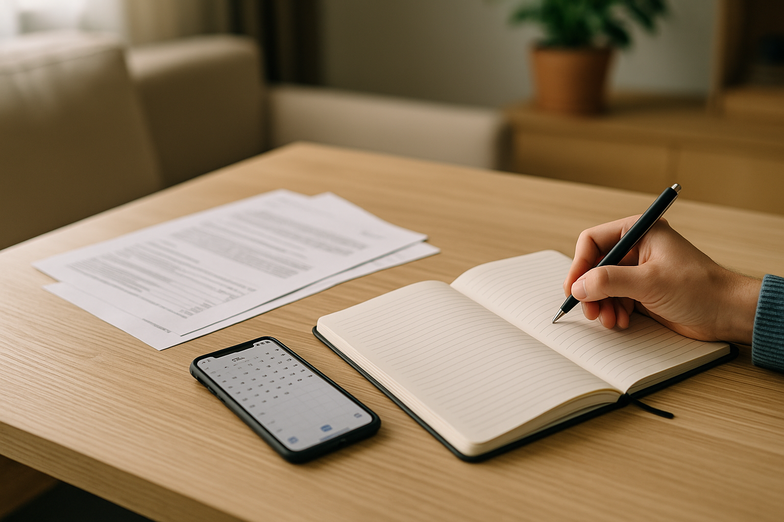 Scrivania ordinata con agenda, documenti e smartphone per organizzare documenti e prenotazioni
