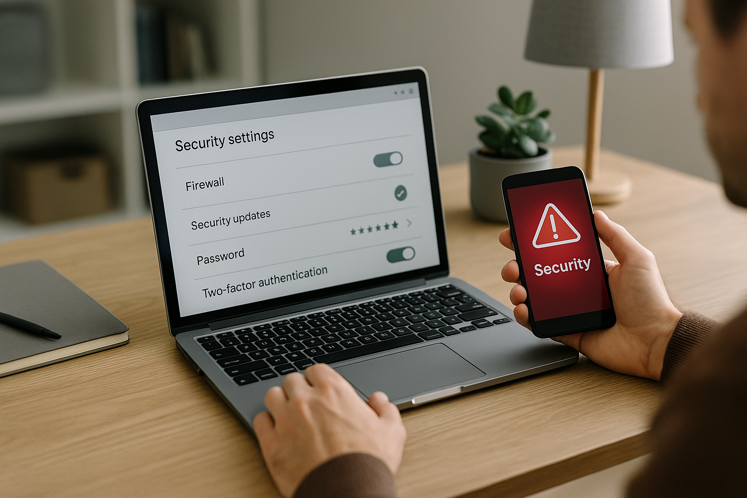 Laptop e smartphone su una scrivania con impostazioni di sicurezza aperte, a rappresentare il controllo di un possibile furto di dati
