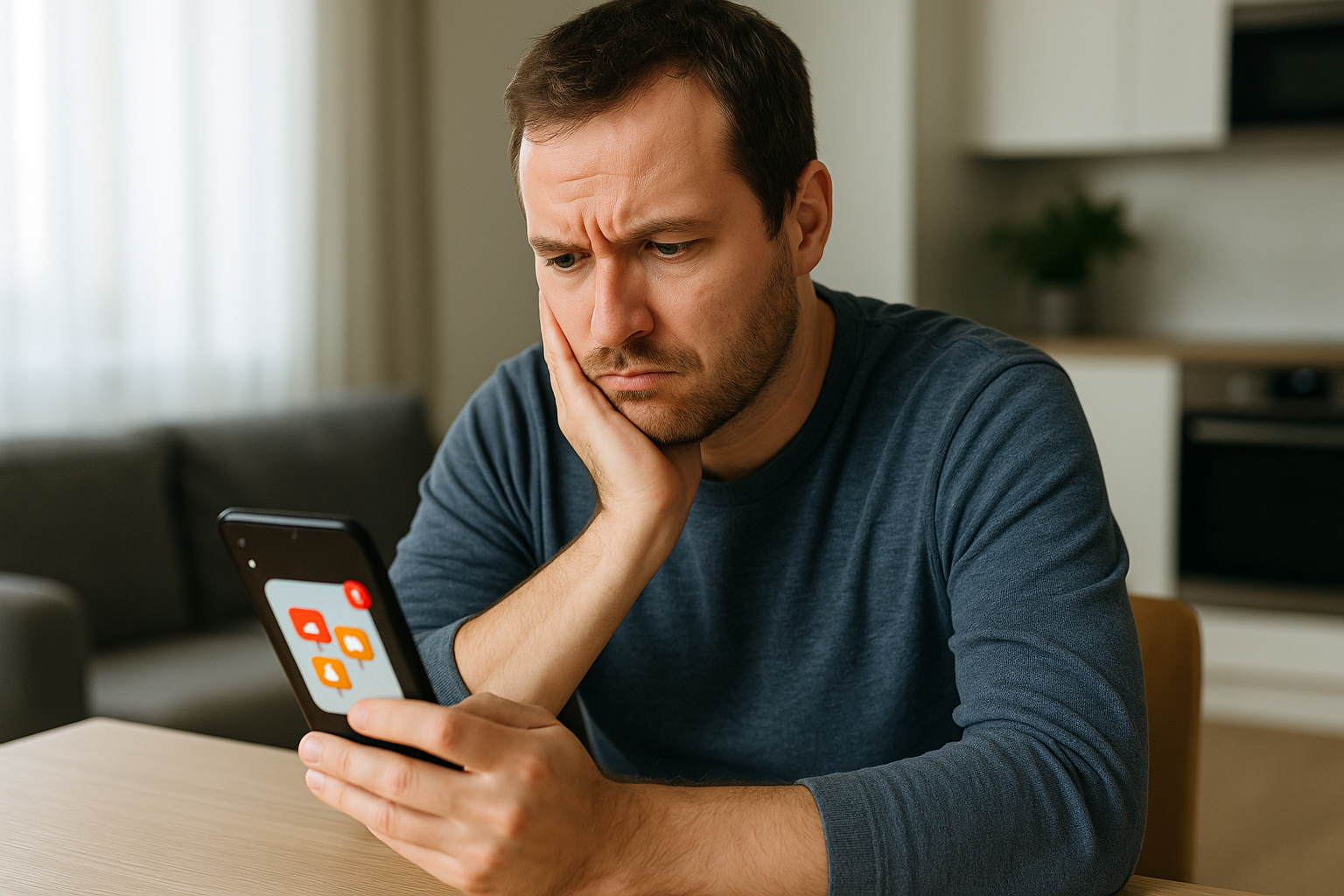 Persona che controlla un messaggio sospetto sullo smartphone a casa