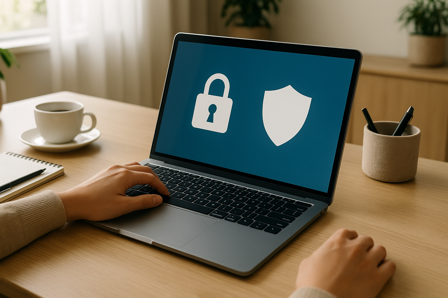 Laptop su una scrivania con simboli di lucchetto e scudo che rappresentano la protezione degli account online