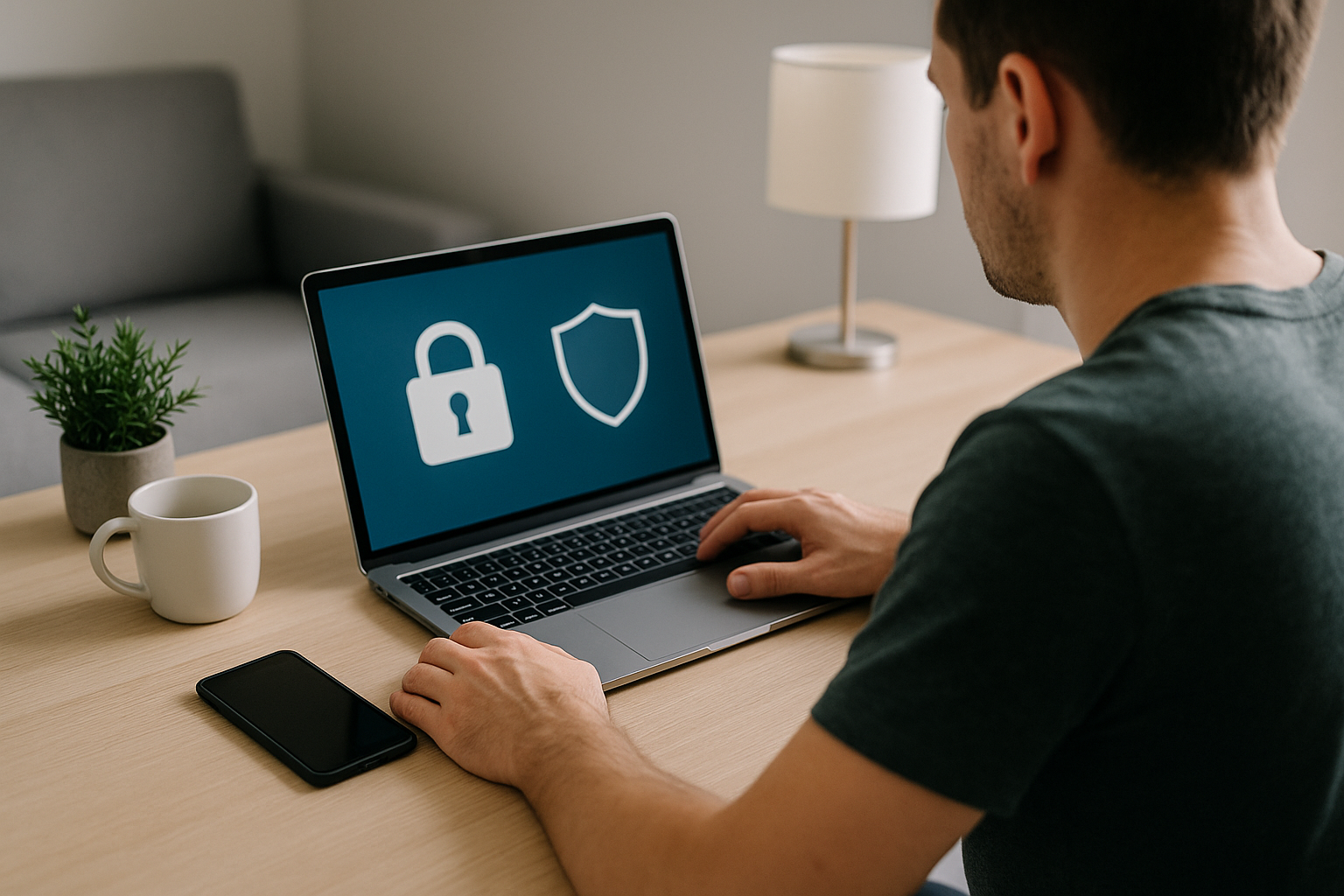 Postazione domestica con laptop e smartphone e simboli astratti di sicurezza digitale
