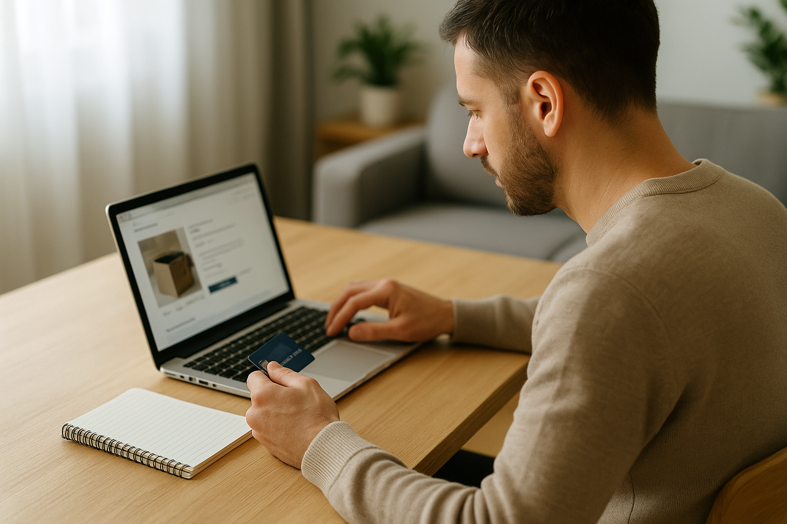 Persona che verifica i dettagli di un acquisto online per evitare frodi e pagare in sicurezza