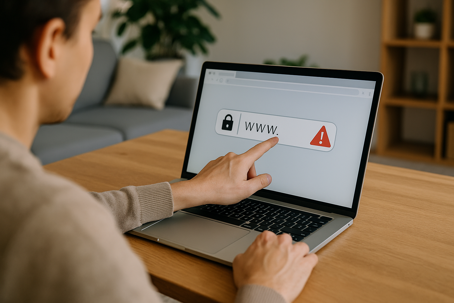 Utente che verifica la sicurezza di un sito controllando la barra degli indirizzi e i segnali di protezione nel browser