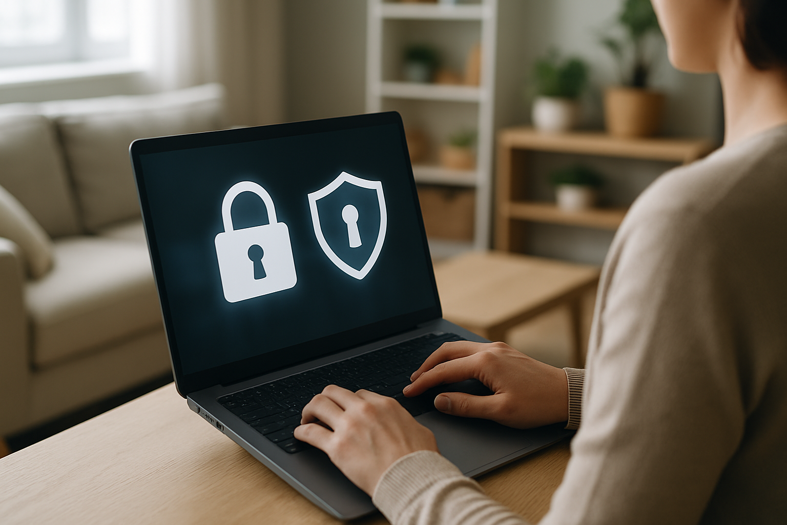Persona che usa un computer con simboli di sicurezza digitale e privacy