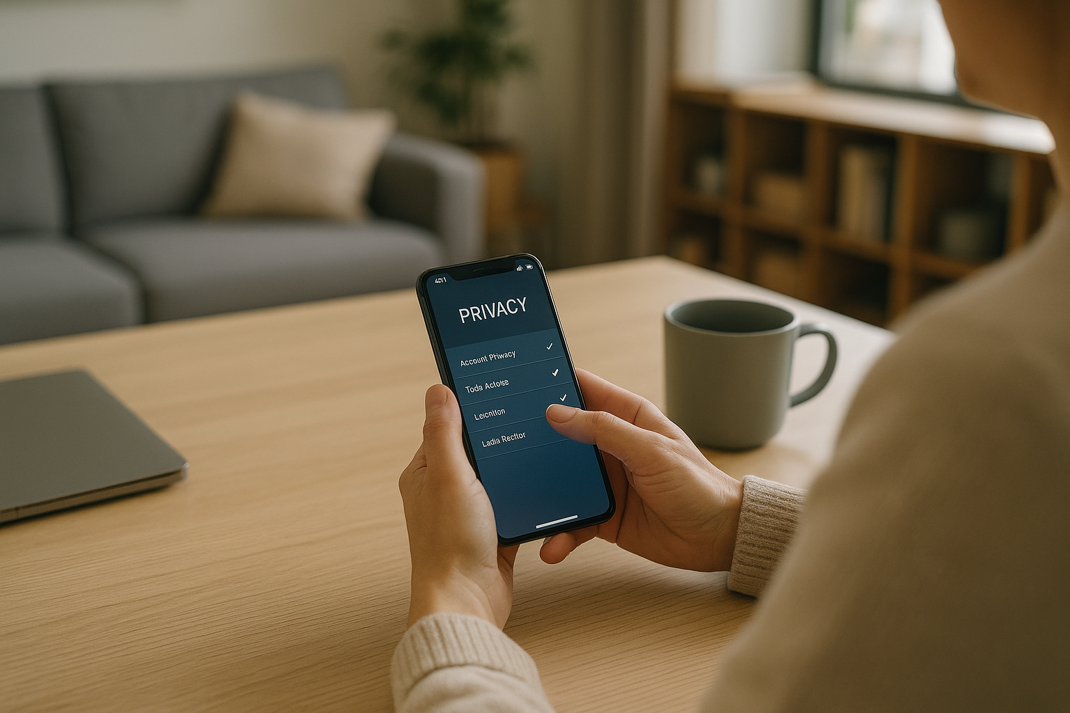 Persona che rivede le impostazioni di privacy digitale sullo smartphone in un contesto domestico