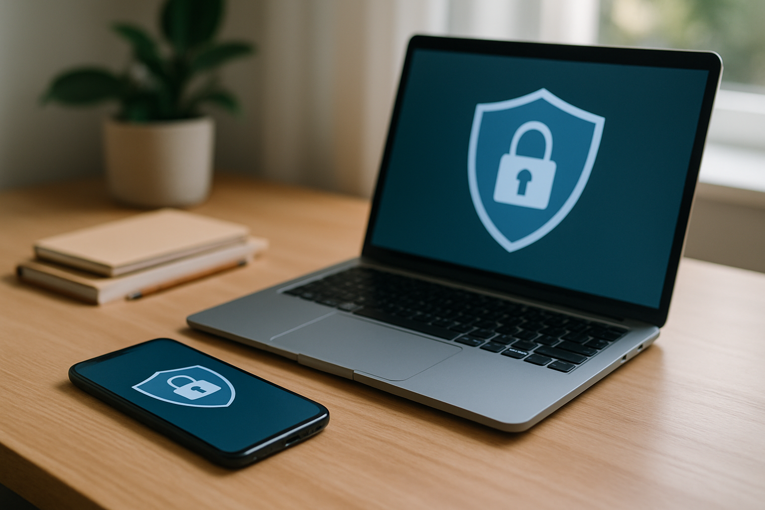 Smartphone e laptop su una scrivania con simbolo di lucchetto che rappresenta la sicurezza digitale