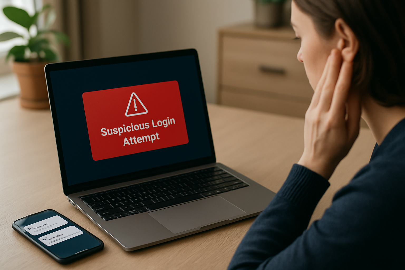 Laptop e smartphone con notifiche di accesso sospetto e codici di verifica per account online
