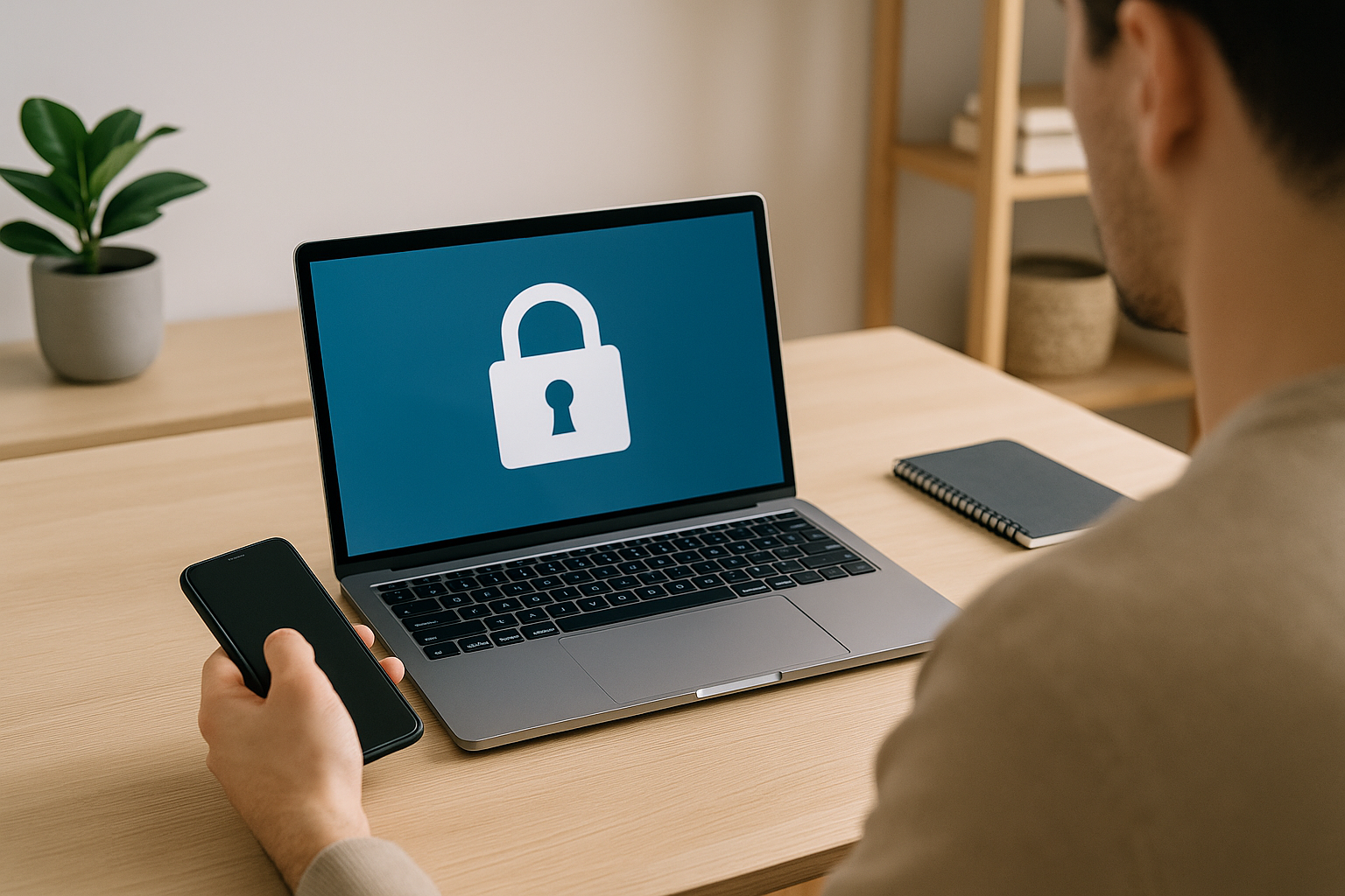 Laptop e smartphone su una scrivania con simbolo di lucchetto a rappresentare la sicurezza digitale