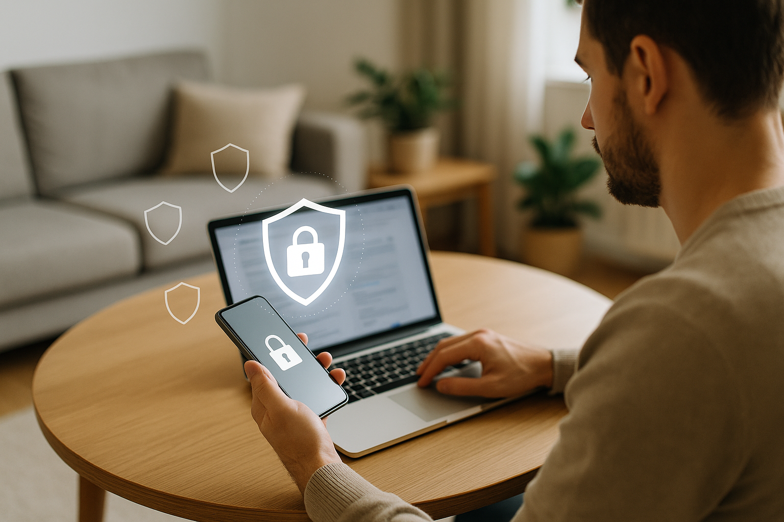Persona che usa smartphone e laptop con simboli di protezione digitale in un contesto domestico