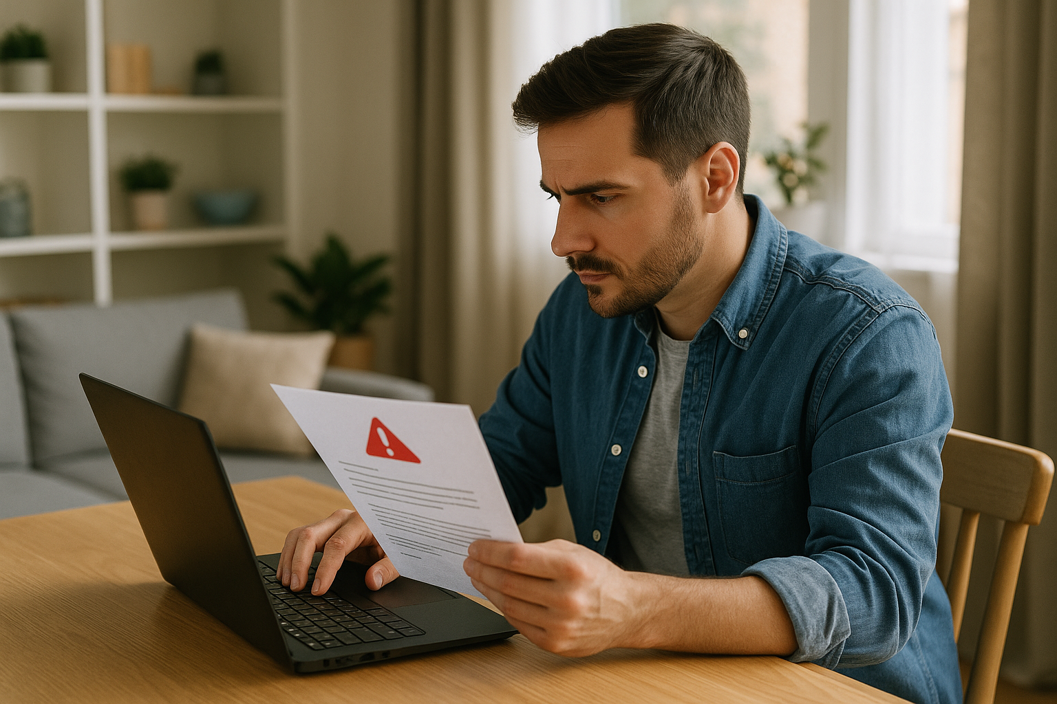 Persona che verifica con attenzione un messaggio sospetto sul laptop per evitare truffe online