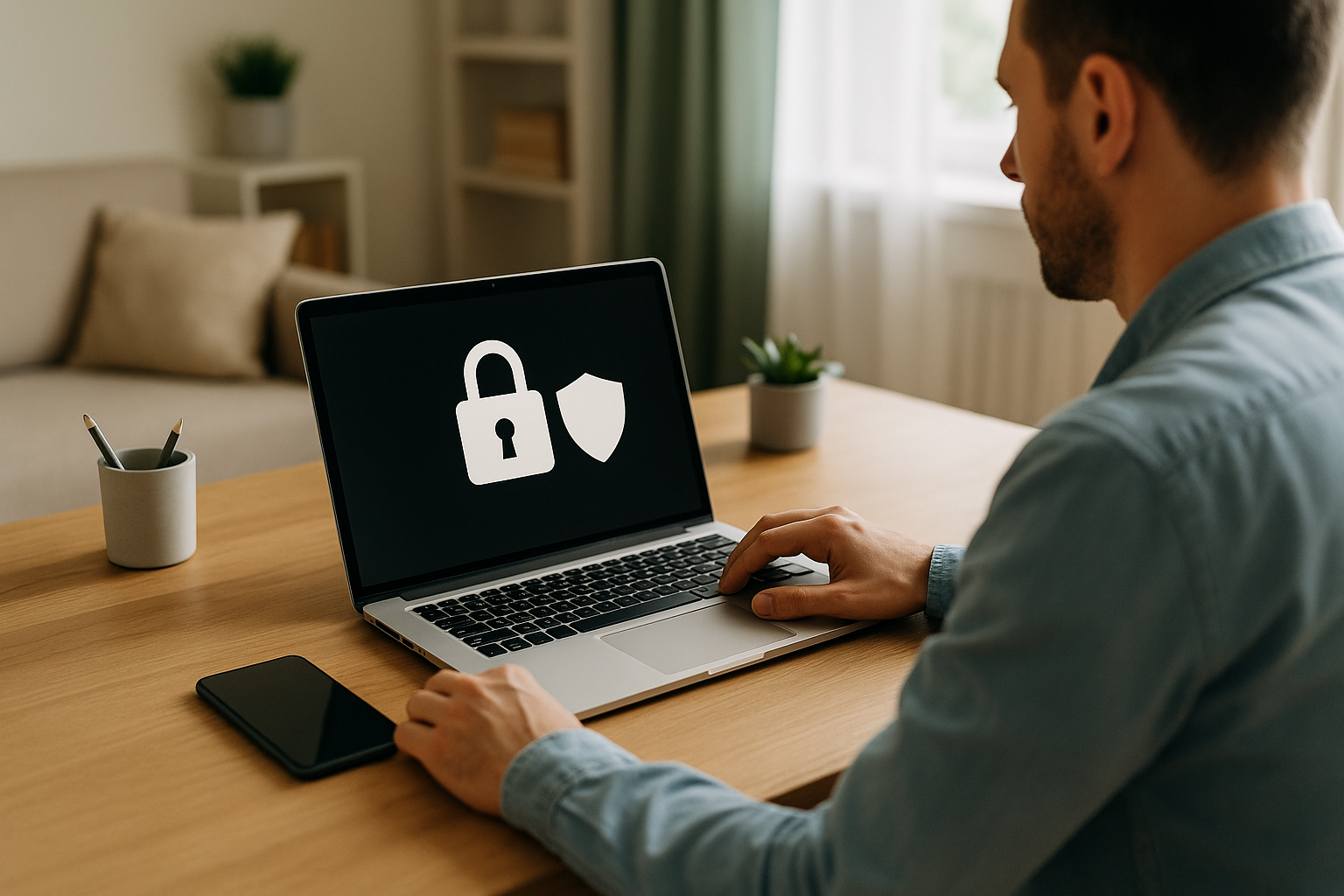 Laptop e smartphone su una scrivania con simboli di sicurezza digitale in stile minimal