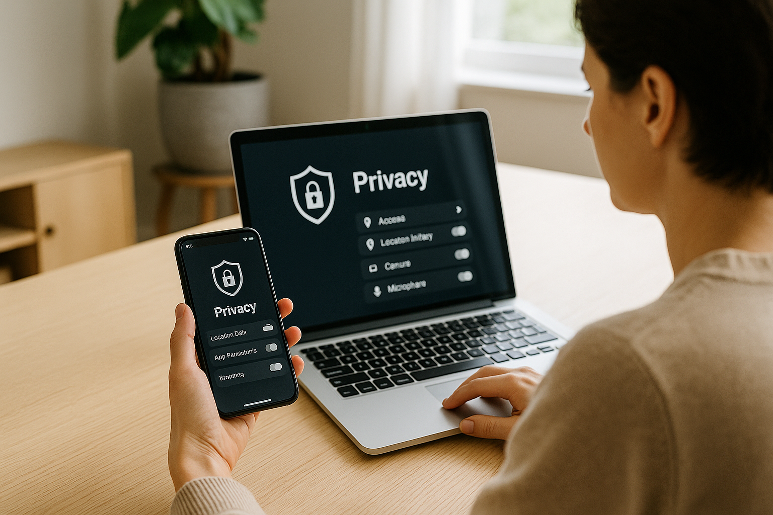 Persona che controlla impostazioni di privacy e sicurezza su smartphone e computer in casa
