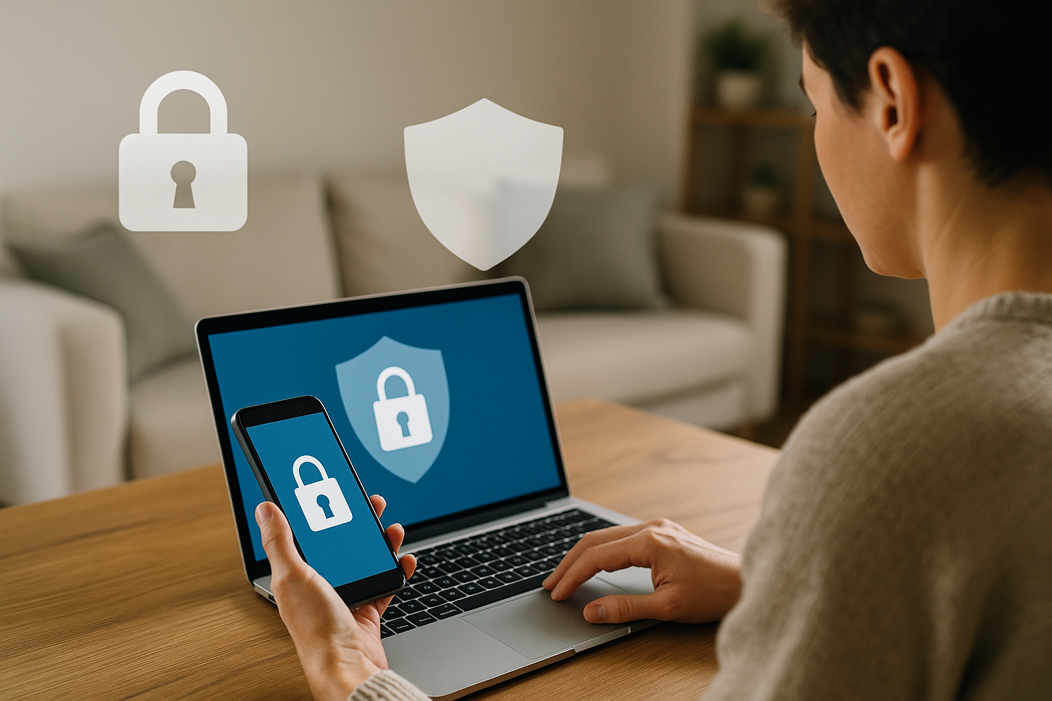 Persona che usa laptop e smartphone con simboli di protezione digitale, a rappresentare la sicurezza online quotidiana