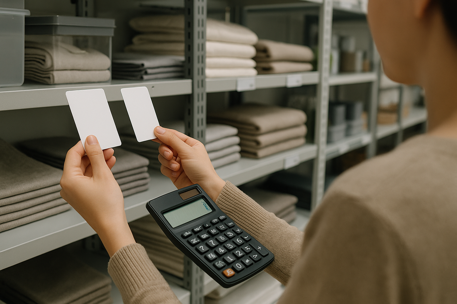 Persona che confronta i prezzi unitari su due prodotti per capire quale offerta è più conveniente