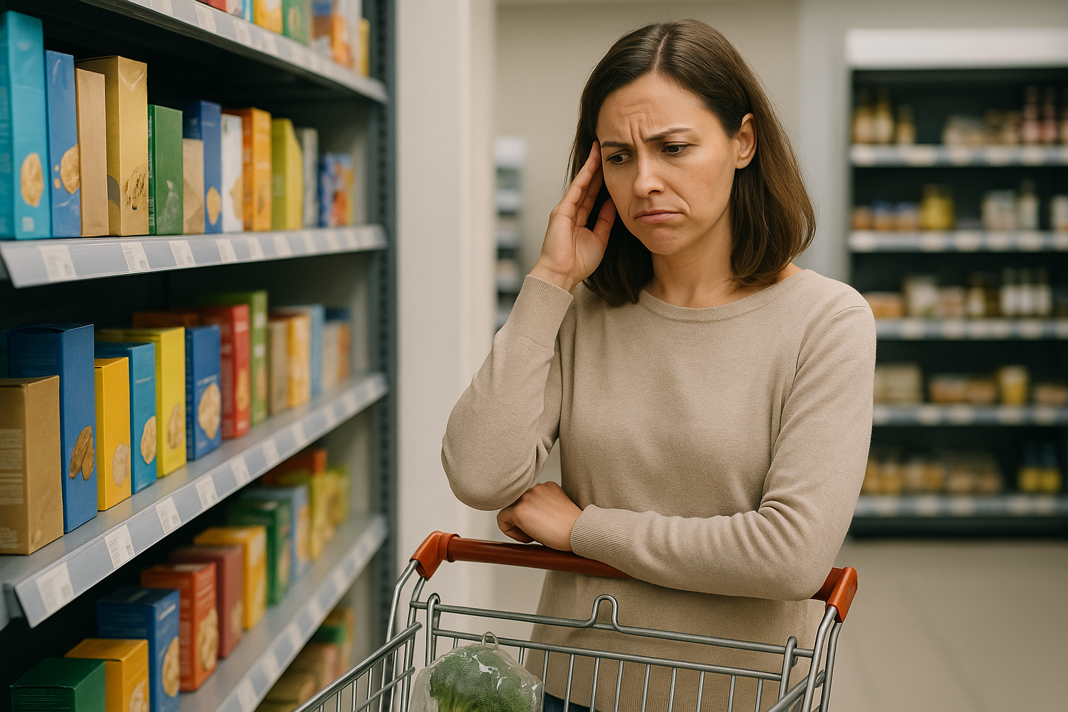 Persona indecisa davanti a uno scaffale mentre valuta un acquisto