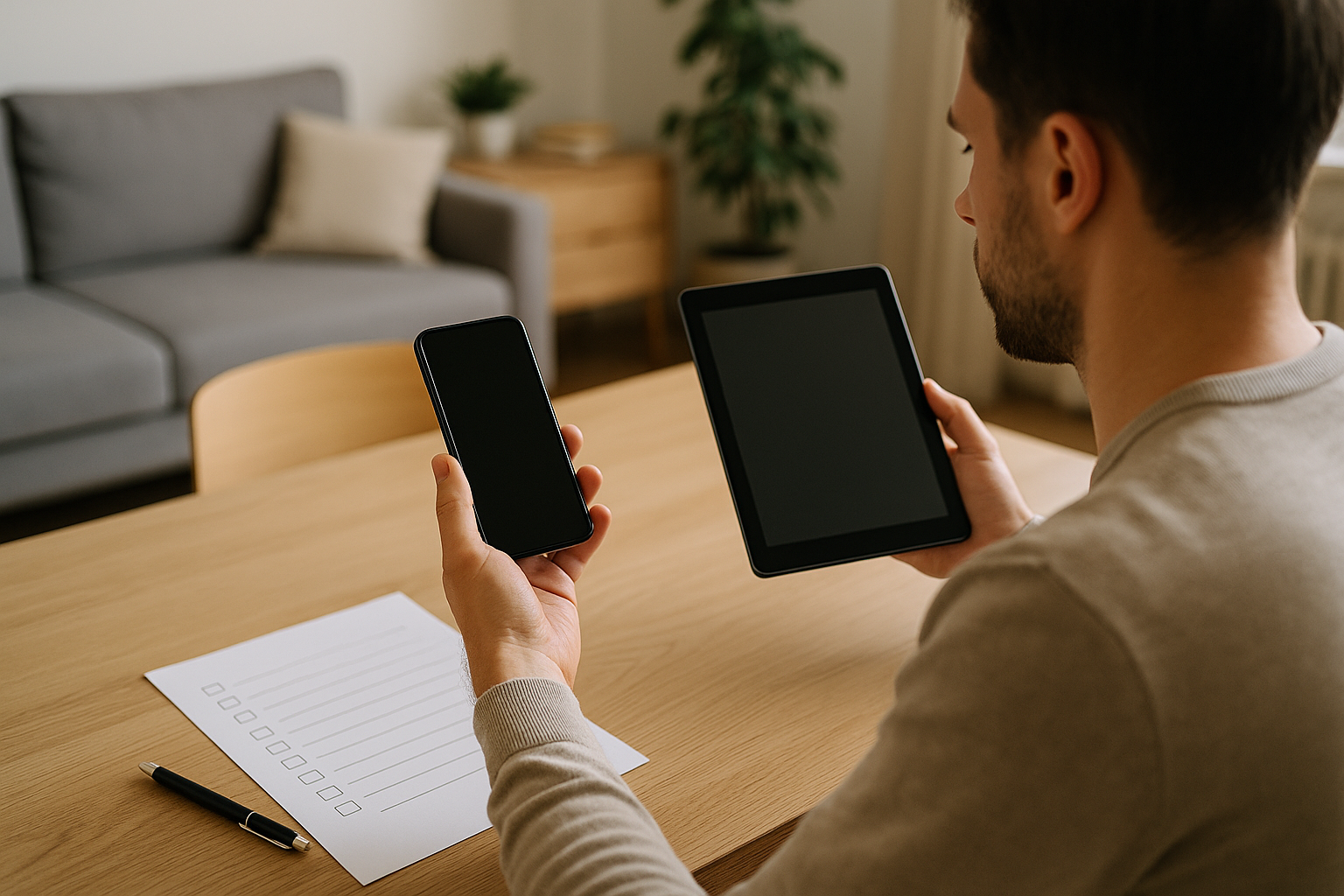 Persona che confronta due dispositivi tecnologici usando una checklist per evitare errori di acquisto