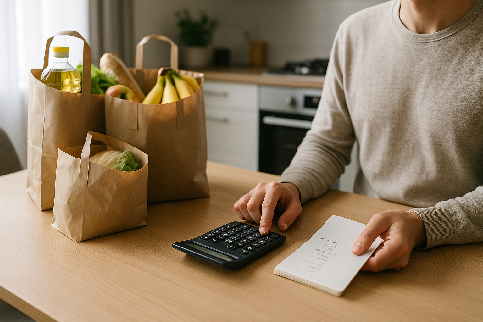 Lista della spesa e calcolatrice su un tavolo in cucina per pianificare acquisti e ridurre spese inutili