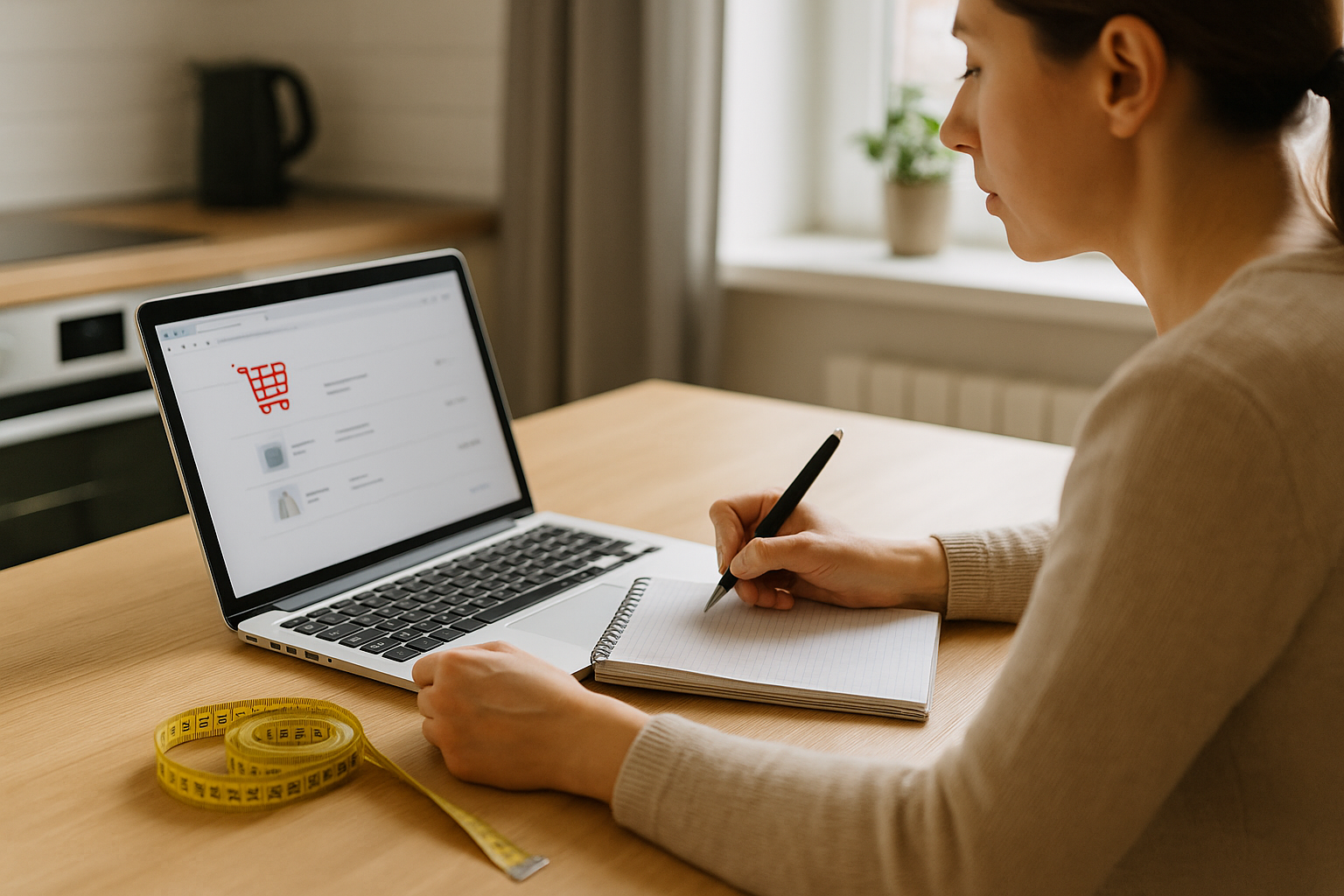 Persona che verifica dettagli e misure prima di completare un acquisto online