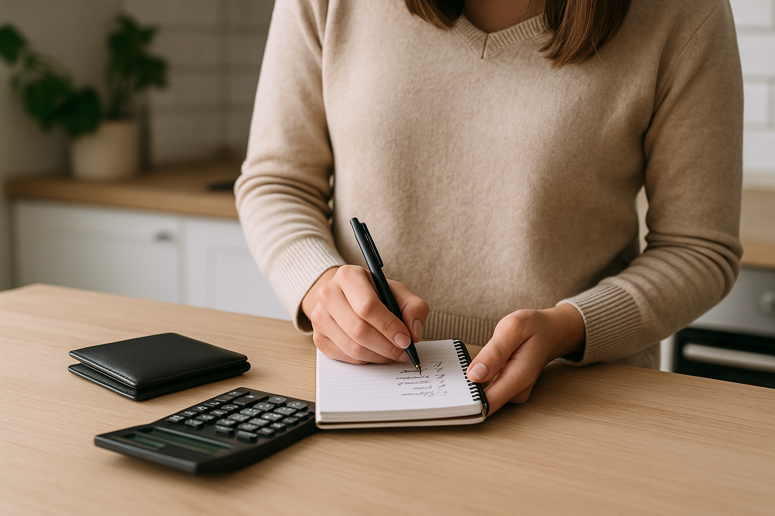 Persona che verifica una lista di acquisti e il budget prima di comprare