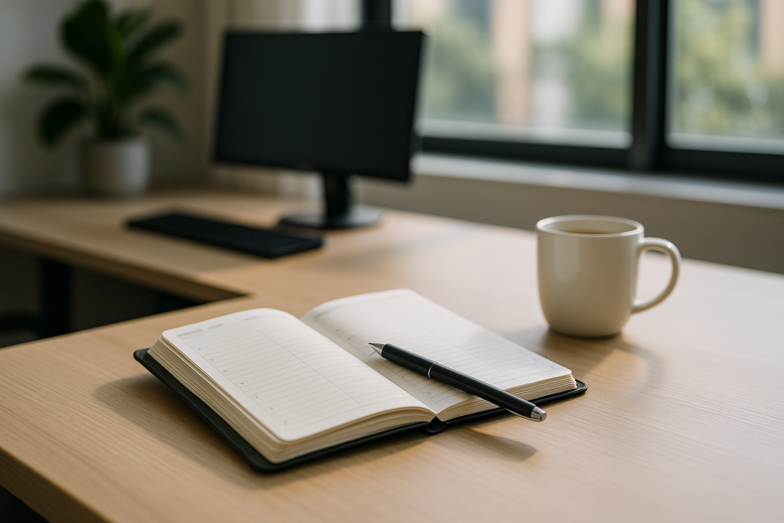 Agenda aperta su una scrivania ordinata per pianificare le attività della giornata