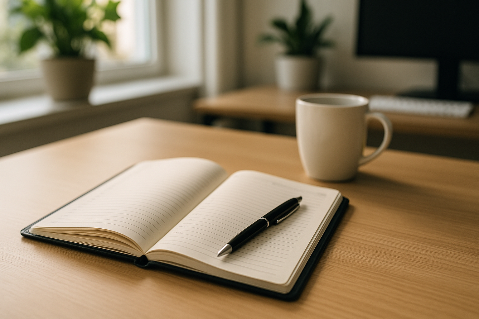 Agenda aperta su una scrivania ordinata per pianificare la giornata in modo pratico