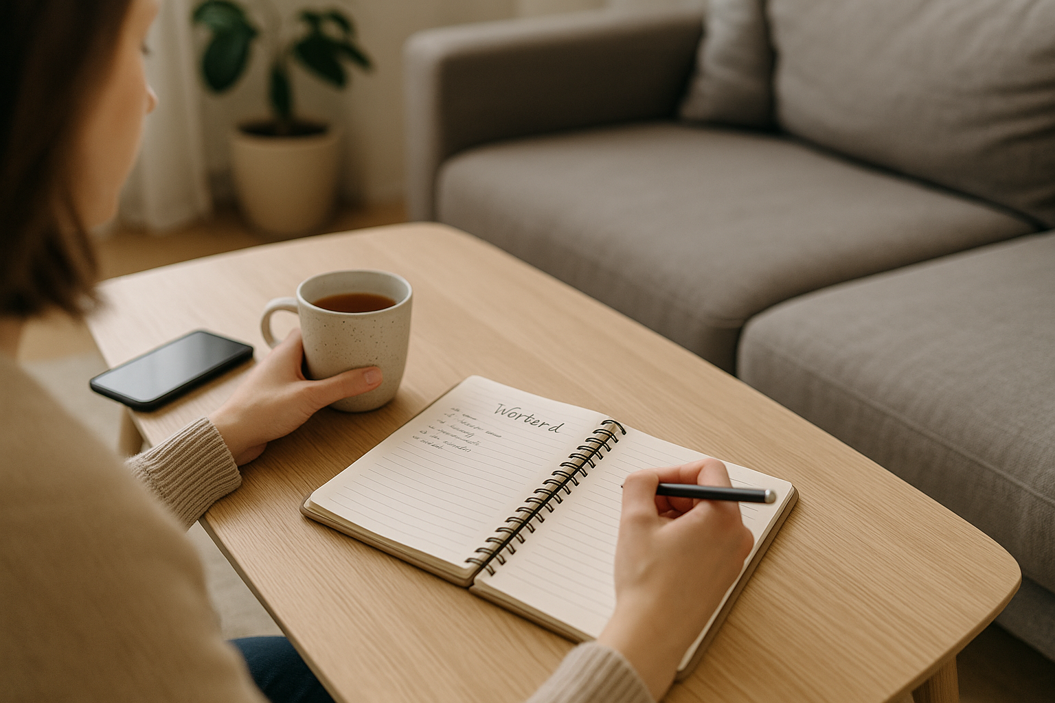 Persona che organizza il tempo libero scrivendo su un quaderno in un ambiente domestico tranquillo