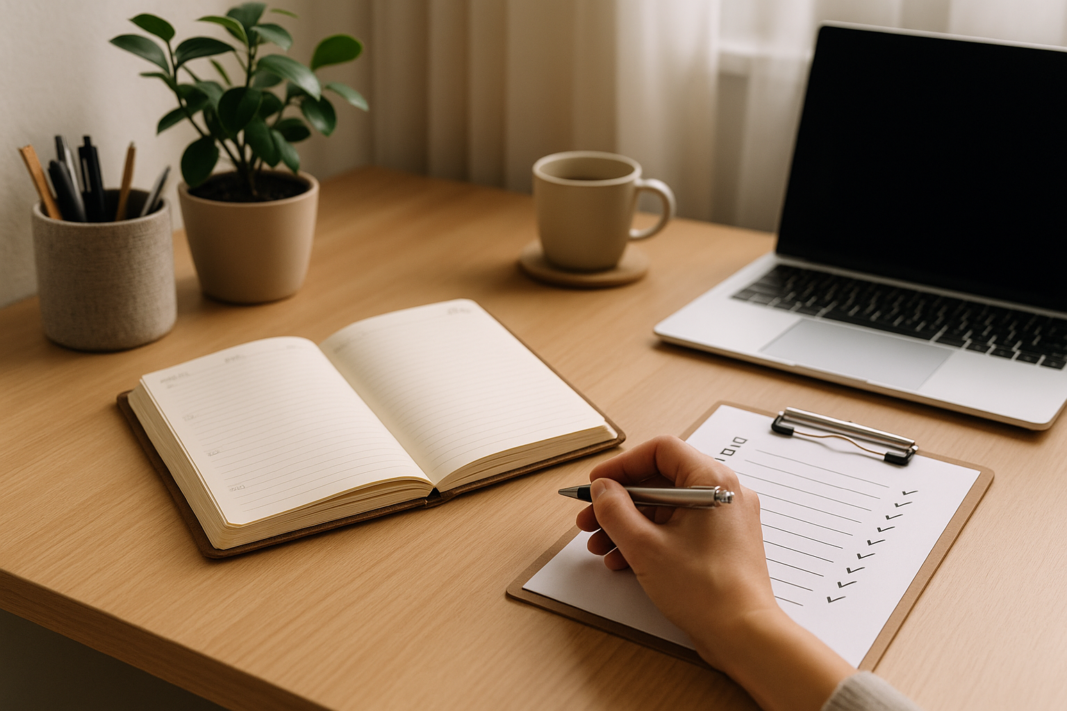 Agenda aperta su una scrivania ordinata con checklist e penna, per rappresentare l’organizzazione personale