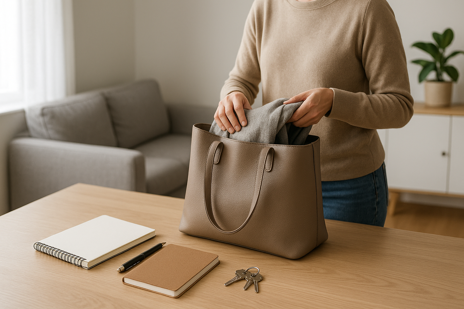 Preparazione serale con agenda, chiavi e borsa su un tavolo ordinato per semplificare la routine quotidiana