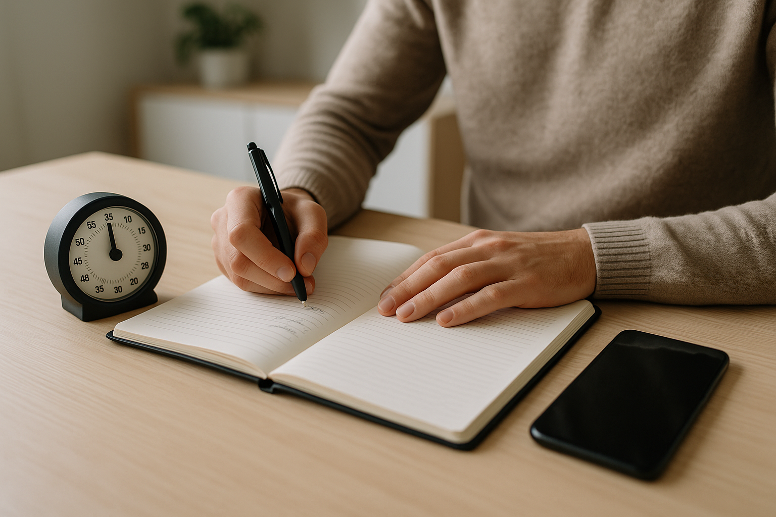 Scrivania con agenda e timer, smartphone messo da parte per ridurre le distrazioni