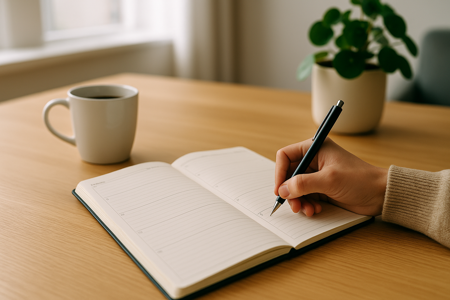 Scrivania ordinata con agenda aperta e penna per pianificare le attività quotidiane