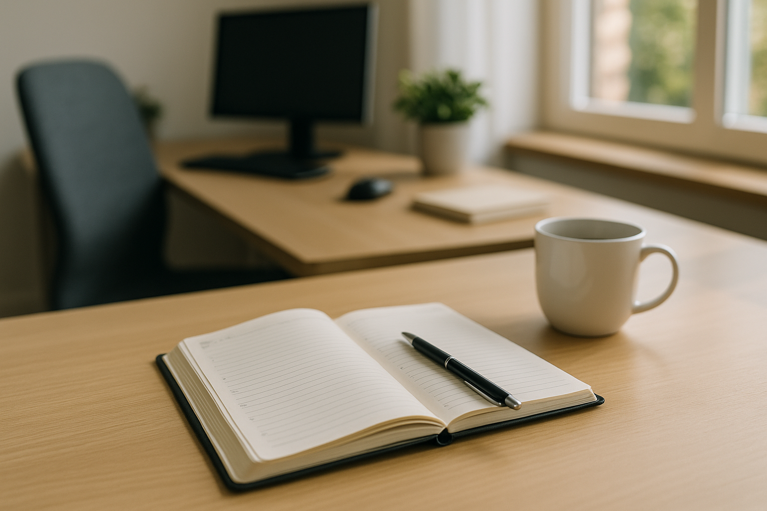 Scrivania ordinata con agenda aperta e penna, pronta per pianificare la giornata in modo produttivo