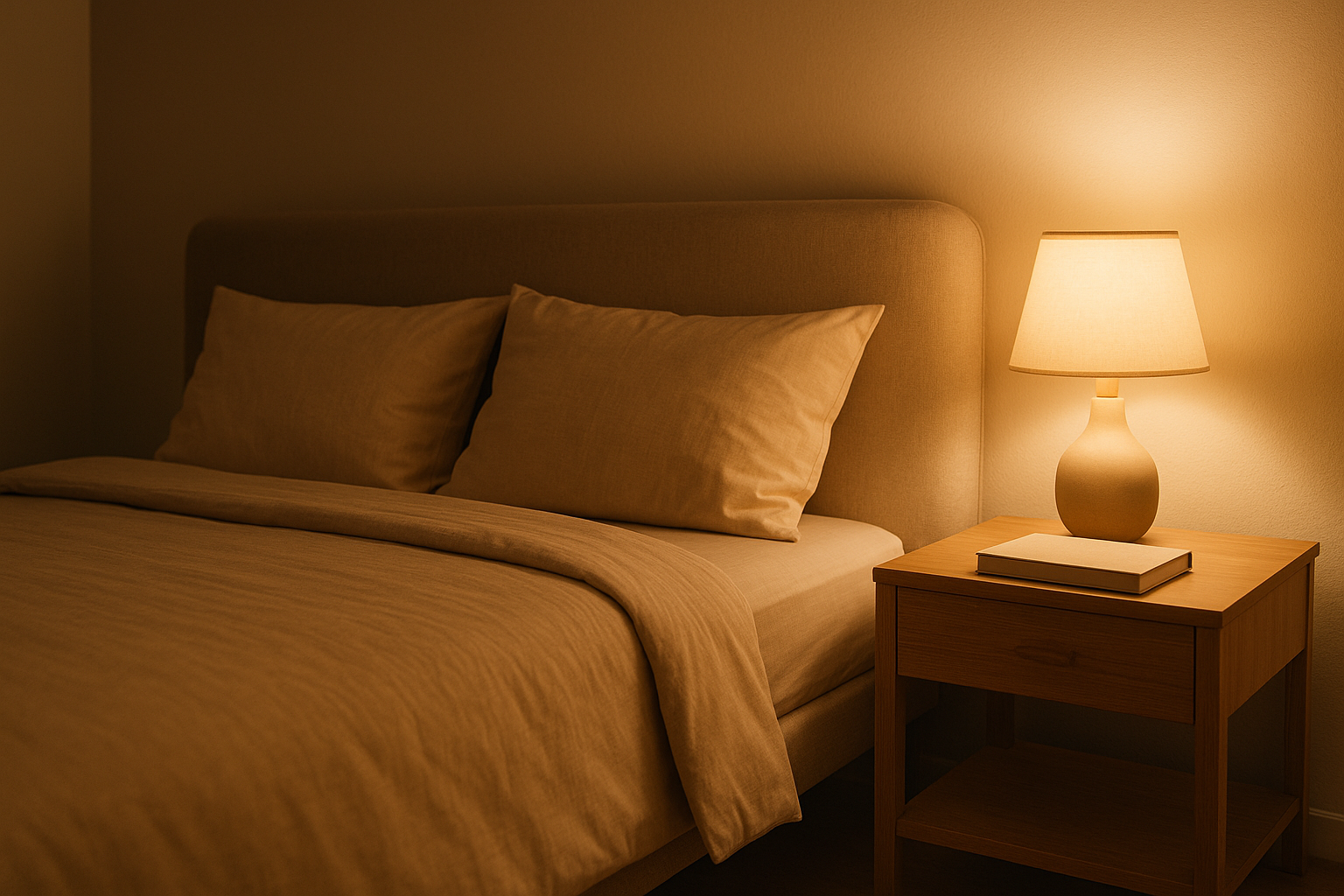 Camera da letto ordinata con luce calda soffusa e atmosfera rilassante per favorire un sonno di qualità